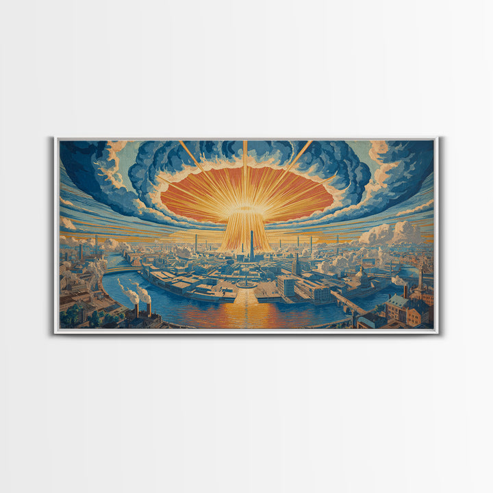 Radiant Futuristic City Sunrise Wall Art, Retro Sci Fi Skyline, Mid Century Modern Decor, Blue Orange Large Canvas Print