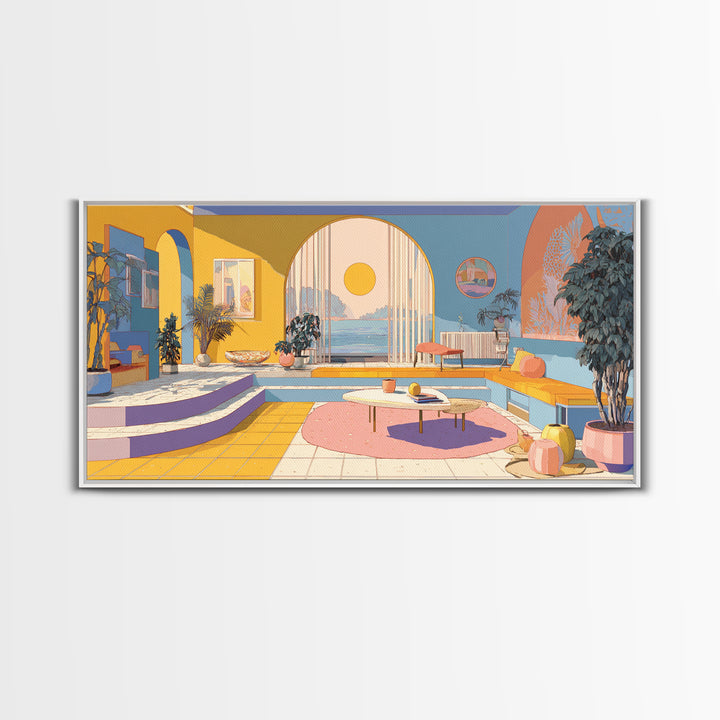 Pastel Ocean Sunroom Canvas Print, Colorful Modern Wall Art, Arch Window Coastal Decor, Retro Palm Springs Living Room Poster