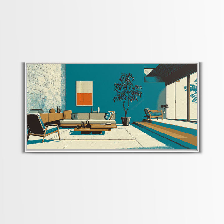 Teal Mid Century Living Room Wall Art, Midcentury Modern Decor, MCM Artwork, Retro Interior Print, Large Canvas Poster Home Decor