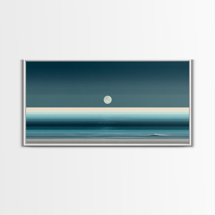 Minimal Moon Over Teal Ocean Canvas Print, Coastal Night Seascape, Modern Wall Art, Blue Horizontal Landscape Decor, Bedroom Art Prints