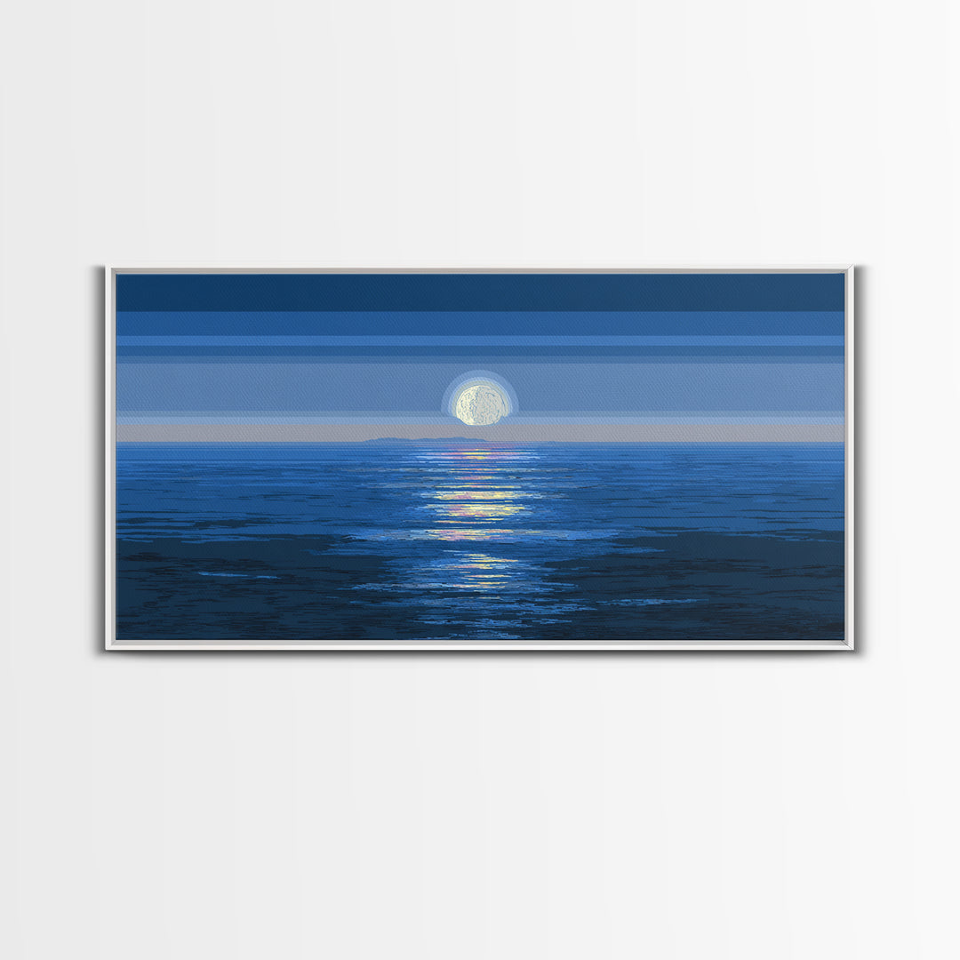 Blue Full Moon Ocean Framed Canvas Print, Coastal Seascape Wall Art, Modern Home Decor, Peaceful Bedroom Art Prints, Large Wall Decor