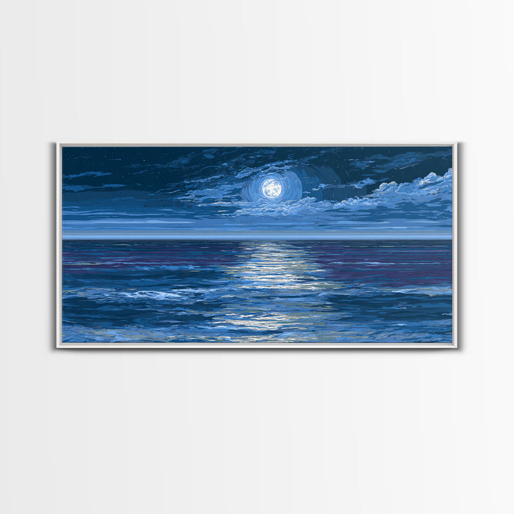 Starry Moonlit Ocean Framed Canvas Print, Dramatic Blue Seascape Wall Art, Coastal Night Decor, Modern Bedroom Art Prints