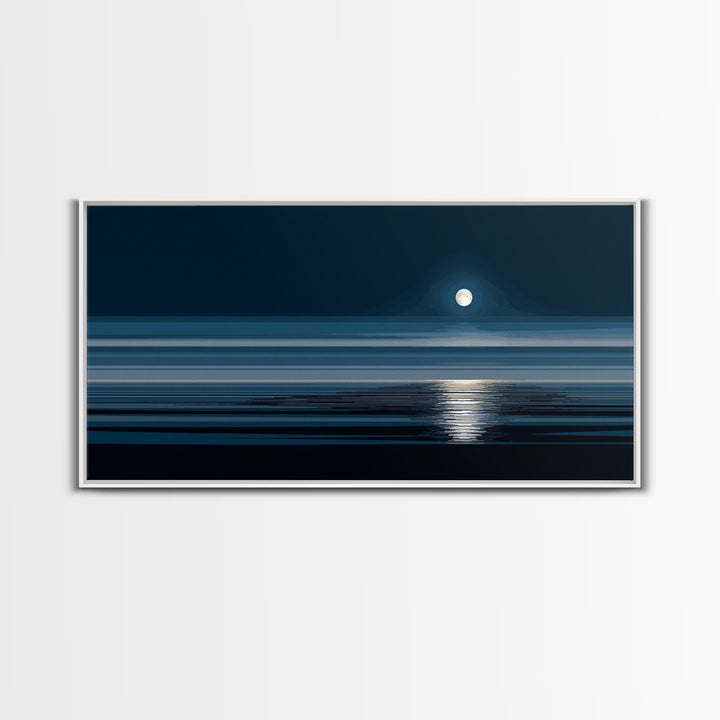 Quiet Moon Over Dark Ocean Canvas Print, Minimal Blue Seascape Wall Art, Modern Coastal Decor, Peaceful Bedroom Art Prints
