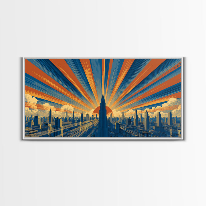 Art Deco Futuristic Skyline Framed Canvas Print, Retro Sci Fi Cityscape, Mid Century Modern Wall Decor, Blue Orange Poster