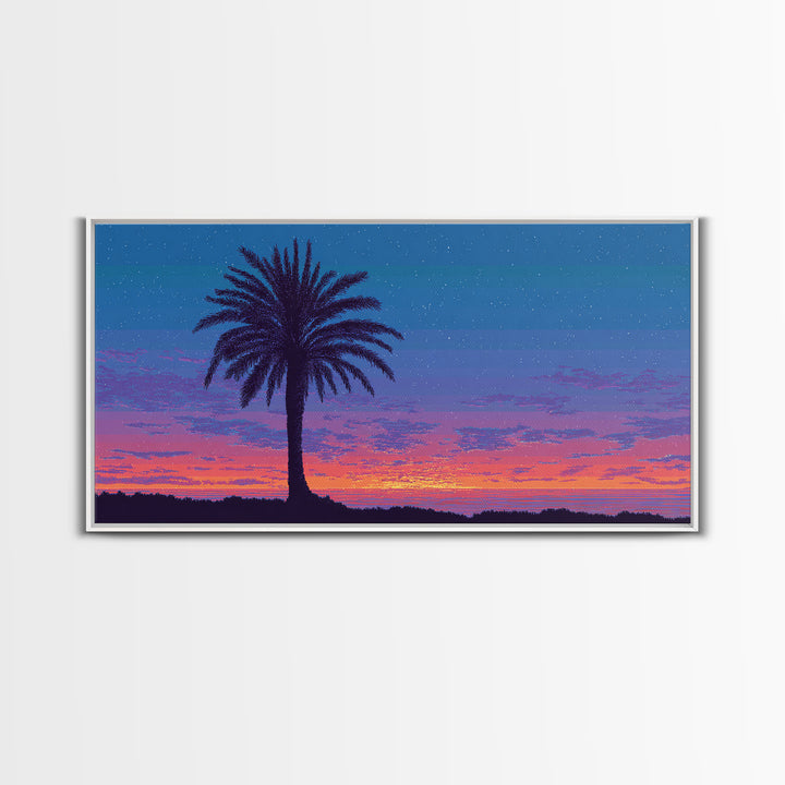 Starry Twilight Palm Tree Wall Art, Purple Blue Tropical Sunset, Retro California Poster, Modern Home Decor Canvas Print
