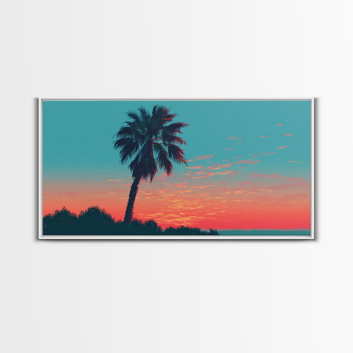 Leaning Palm Coral Sunset Canvas Print, Retro Tropical Landscape, Midcentury Wall Art, Palm Springs Decor, Coastal Poster Print