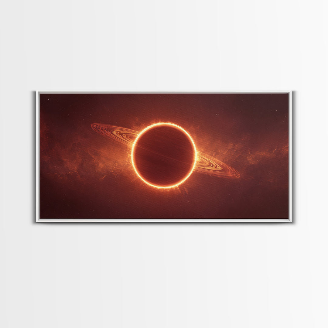 Ringed Planet Eclipse Framed Canvas Print, Cosmic Nebula Wall Art, Retro Sci Fi Poster, Orange Space Decor, Modern Art Print