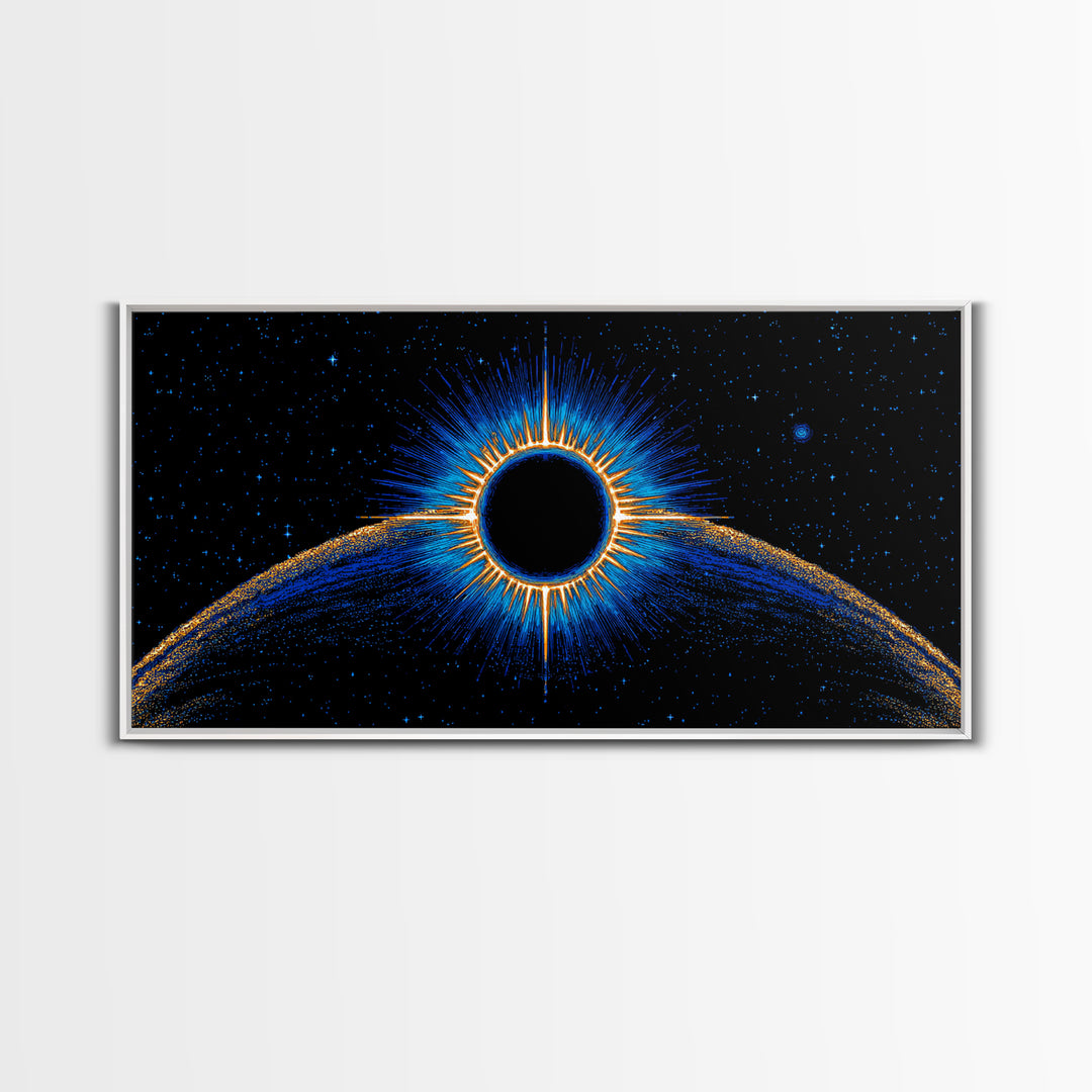 Blue Solar Eclipse Wall Art, Cosmic Retro Sci Fi Print, Black Hole Starfield Poster, Modern Digital Art, Space Decor Print