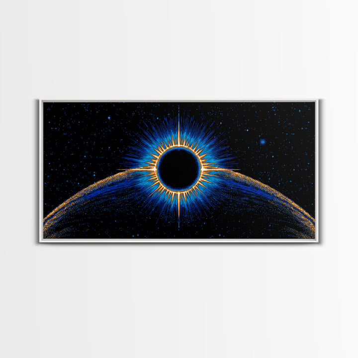 Blue Solar Eclipse Wall Art, Cosmic Retro Sci Fi Print, Black Hole Starfield Poster, Modern Digital Art, Space Decor Print