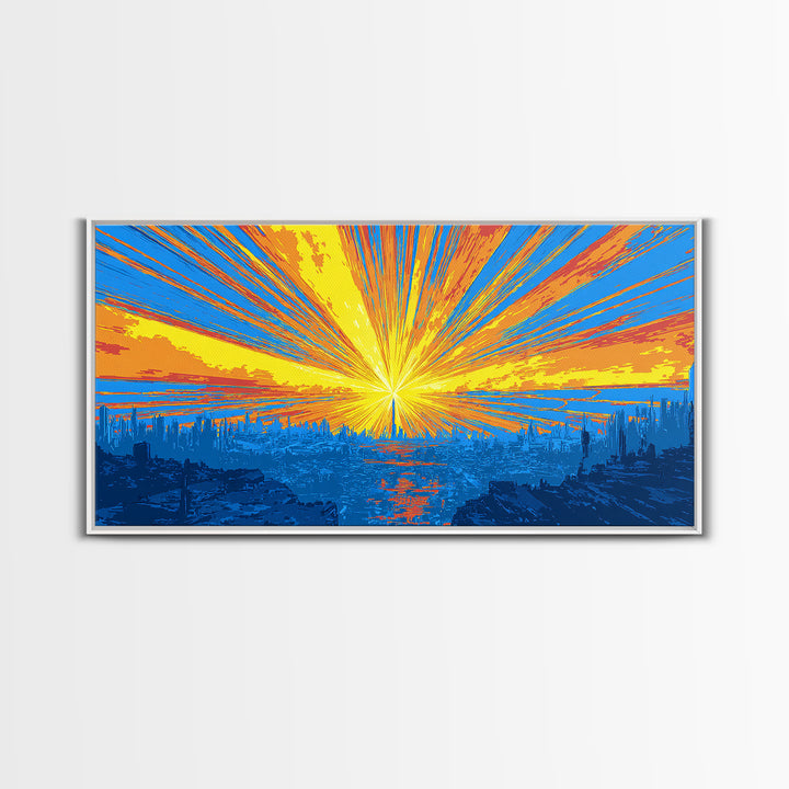 Explosive Solar Skyline Wall Art, Bright Retro Sci Fi Sunburst, Blue Orange Modern Art Print, Mid Century City Poster Decor
