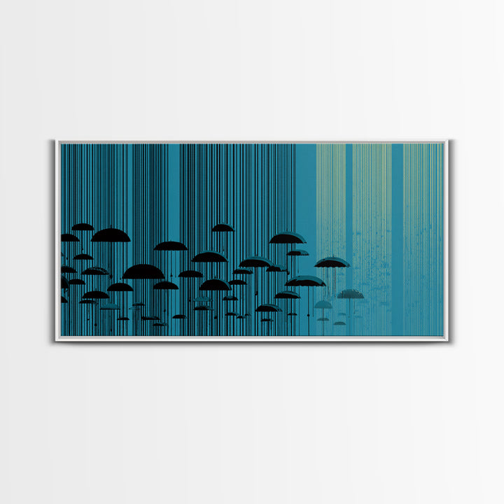 Teal Rain Umbrellas In Vertical Lines Wall Art, Midcentury Modern Abstract Print, Retro Wall Decor, Modern Home Decor For Living Room