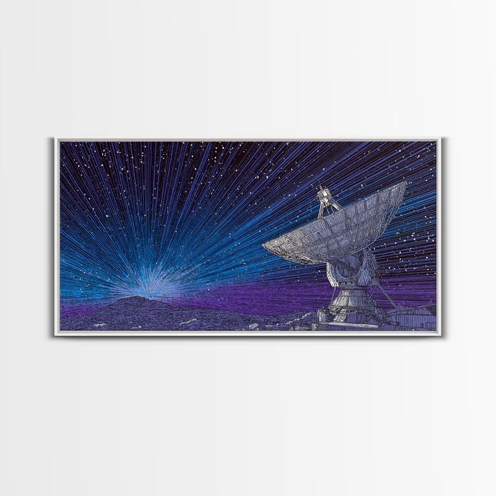 Blue Radio Telescope Starburst Canvas Print, Midcentury Modern Sci Fi Wall Art, Space Abstract Poster, Retro Home Decor Gift