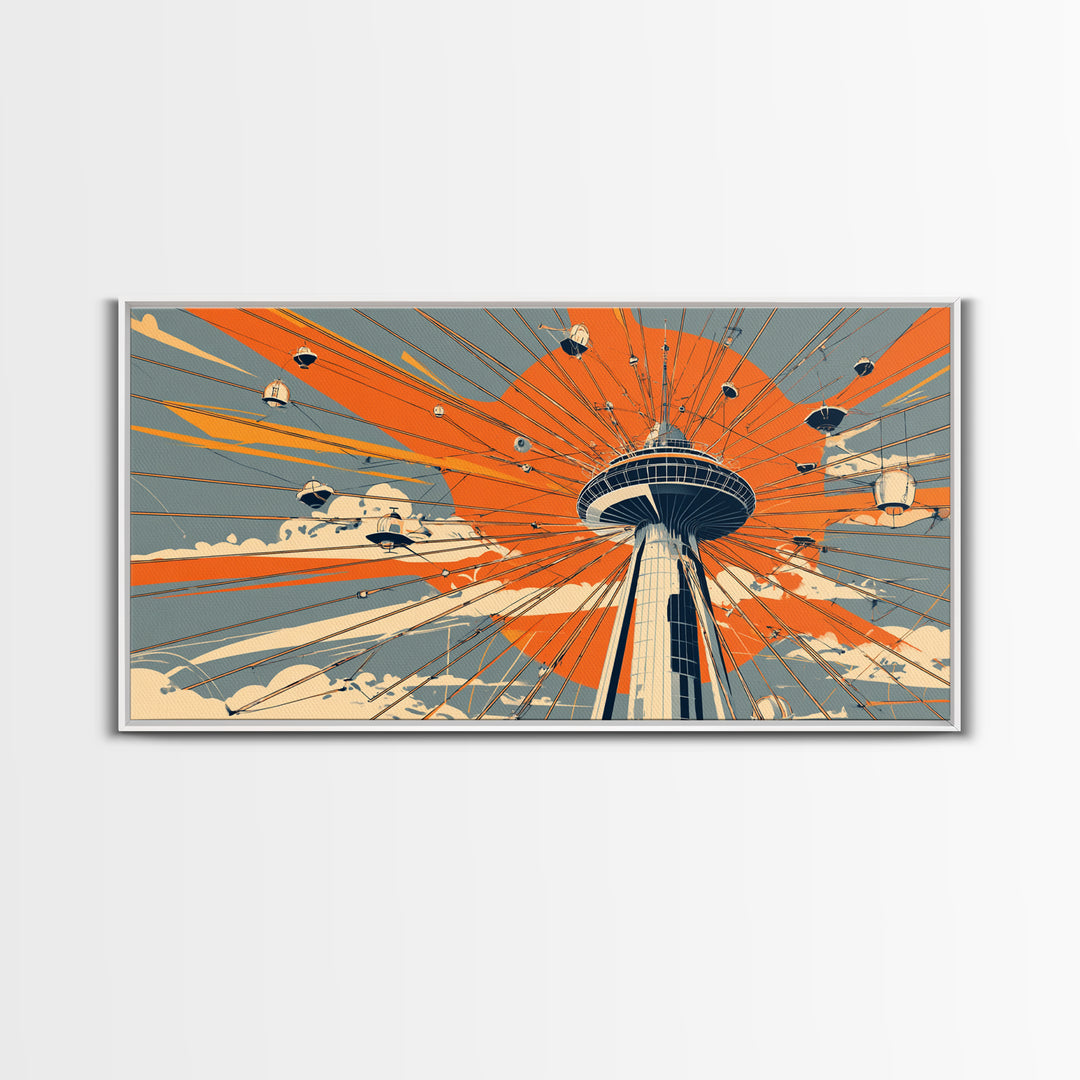 Retro Space Needle With Flying Saucers Canvas Print, Midcentury Modern Wall Art, Orange Sun Poster, Sci Fi Seattle Decor