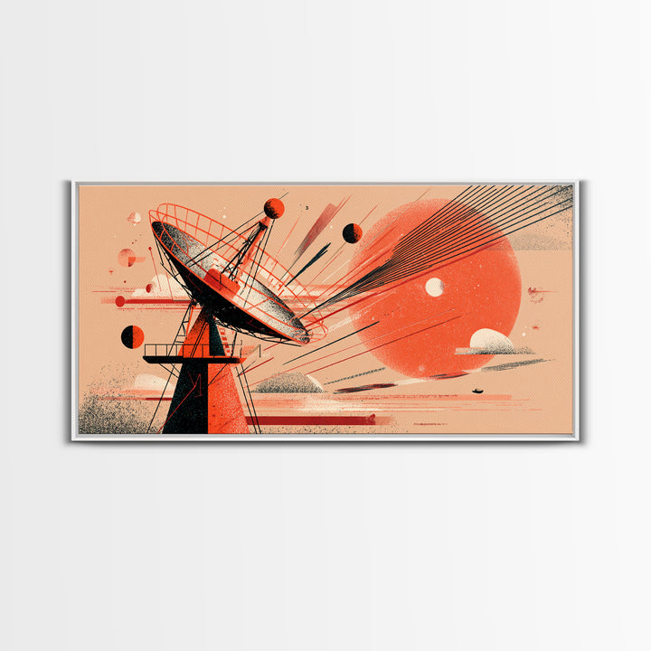 Red Satellite Dish And Orange Sun Wall Art, Midcentury Modern Space Abstract Print, Retro Sci Fi Poster, Modern Wall Decor