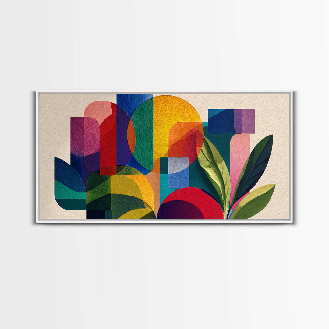 Colorful Geometric Leaves Wall Art, Bold Botanical Mid Century Modern Decor, Abstract Bauhaus Shapes, Vibrant Canvas Print