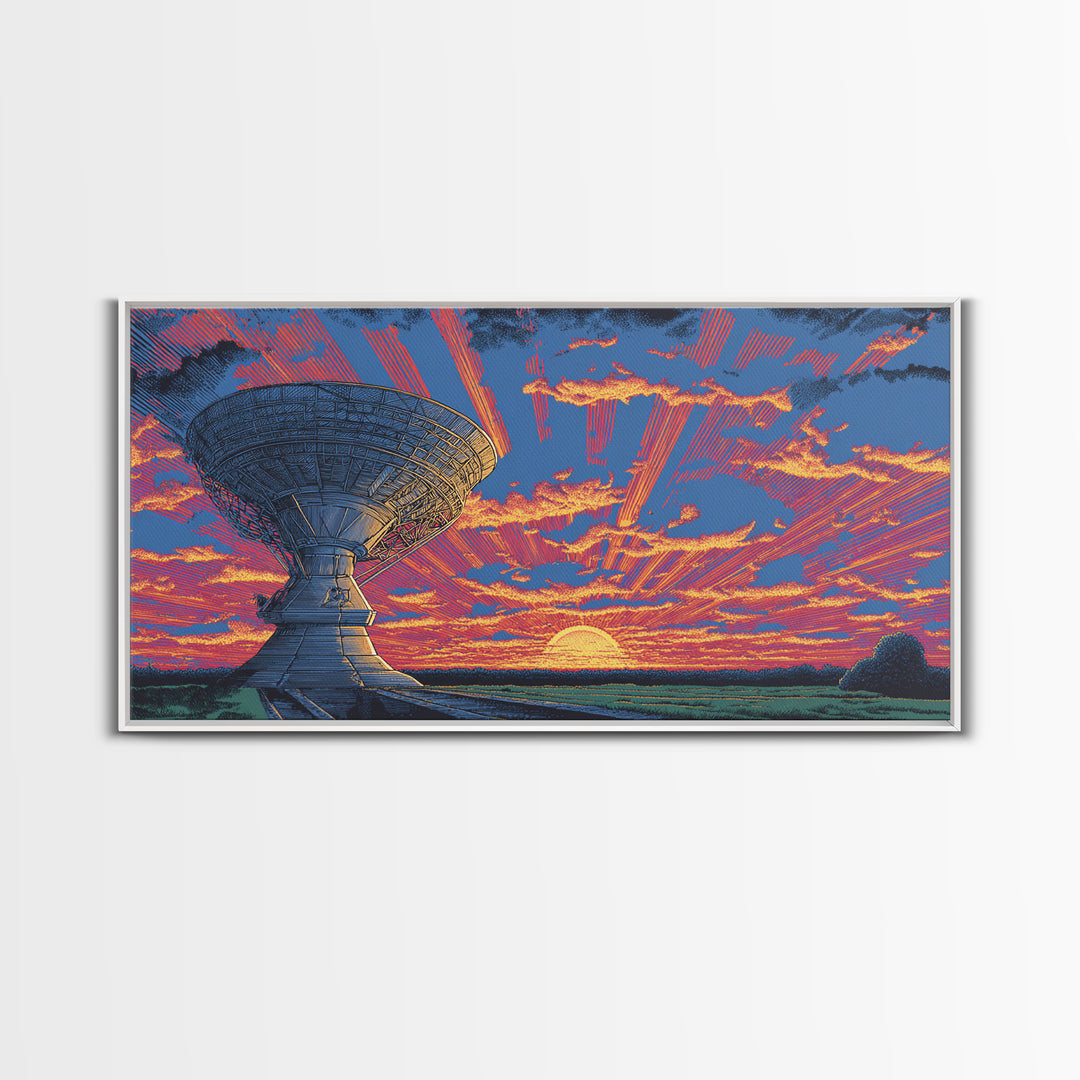 Radio Telescope At Neon Sunset Wall Art, Midcentury Modern Space Abstract Print, Retro Sci Fi Poster, Vibrant Office Decor