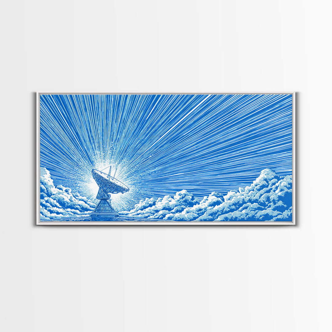 Blue Radio Telescope Skyburst Wall Art, Retro Sci Fi Poster, Atomic Midcentury Modern Art Print For Office And Home Wall Decor