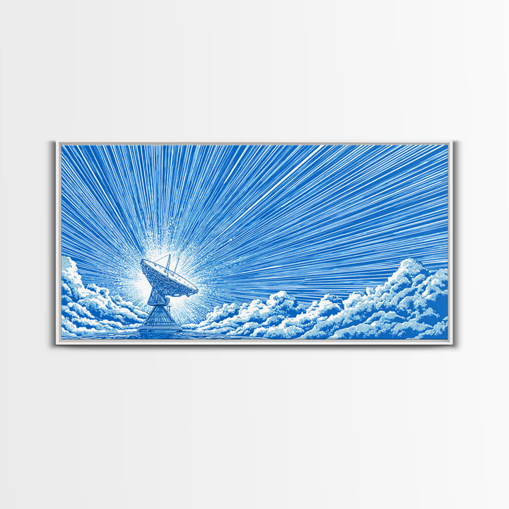 Blue Radio Telescope Skyburst Wall Art, Retro Sci Fi Poster, Atomic Midcentury Modern Art Print For Office And Home Wall Decor