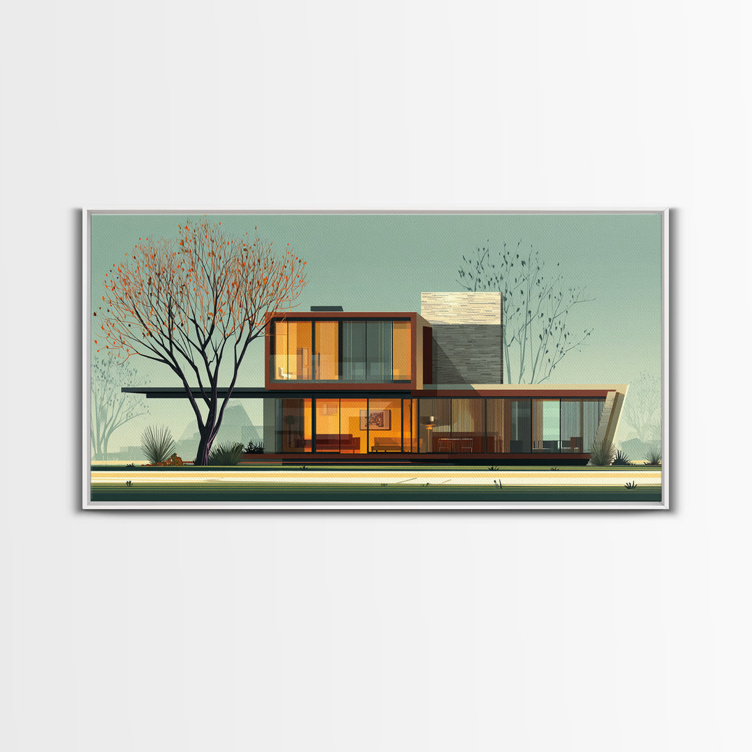 Glass Midcentury House With Autumn Tree Framed Canvas Print, MCM Wall Art, Modern Architecture Poster, Living Room Decor