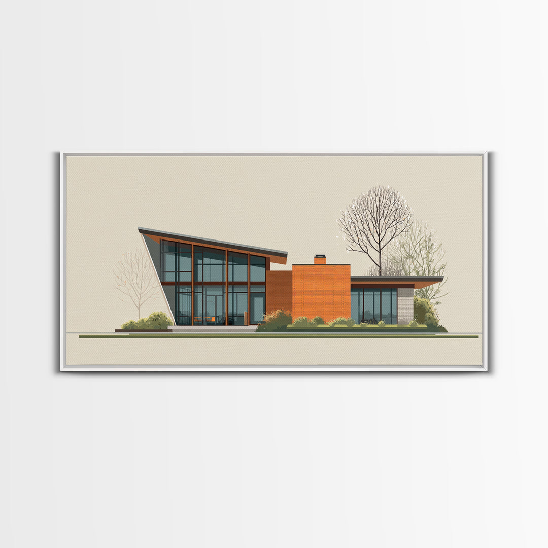 Angular Glass Midcentury Home Canvas Print, Modern Architecture Wall Art, MCM Decor, Retro House Poster For Living Room Decor