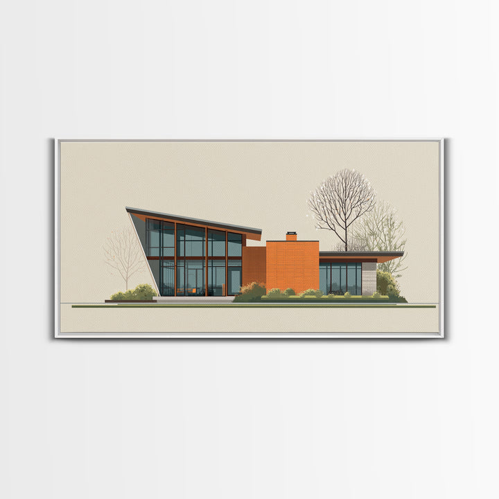 Angular Glass Midcentury Home Canvas Print, Modern Architecture Wall Art, MCM Decor, Retro House Poster For Living Room Decor