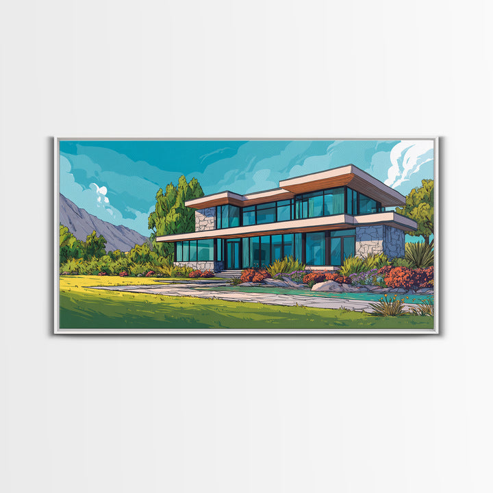 Mountain Modern Glass House Wall Art, Midcentury Modern Architecture Poster, Colorful Landscape Canvas Print, Living Room Decor