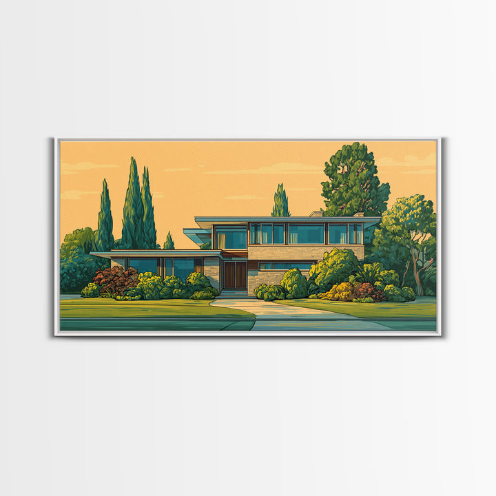 Cypress Garden Midcentury Home Framed Canvas Print, Modern Architecture Wall Art, Retro Palm Springs Decor, Living Room Art