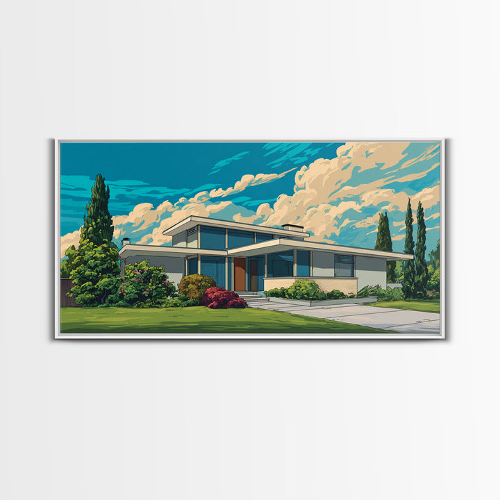 White Midcentury House With Dramatic Clouds Framed Canvas Print, Modern Wall Art, Retro Architecture Poster, Home Office Decor