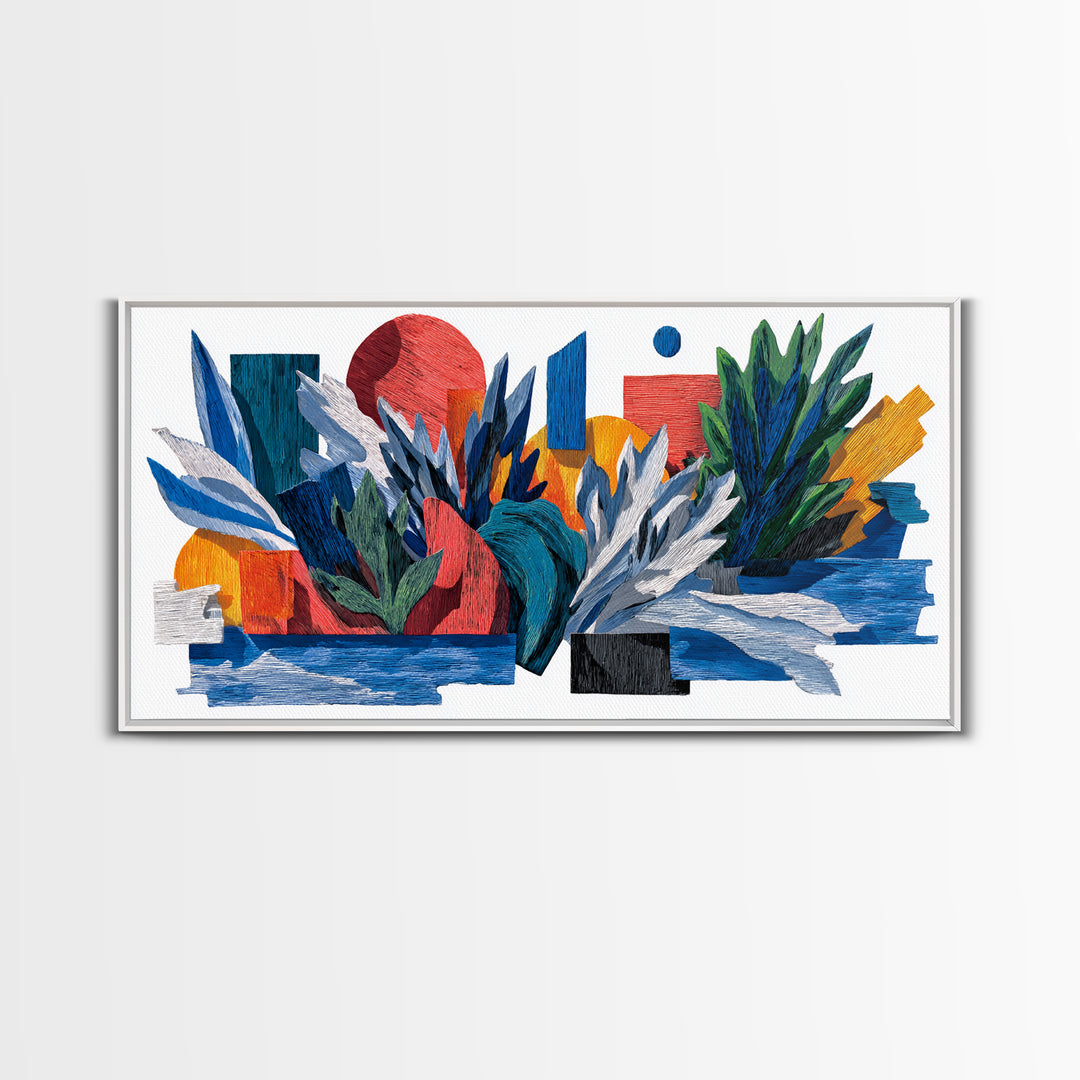 Textured Tropical Leaf Collage Framed Canvas Print, Blue Red Botanical Wall Art, Mid Century Modern Abstract Decor For Living Room