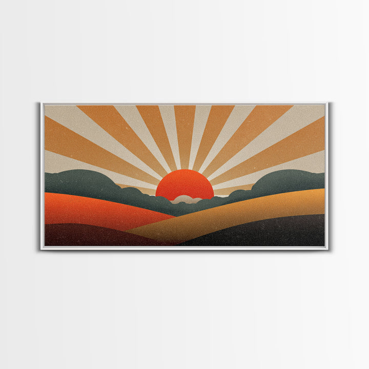 Orange Sunburst Desert Hills Wall Art, Mid Century Modern Canvas, Retro Landscape Poster, MCM Decor, Living Room Print, Home Decor