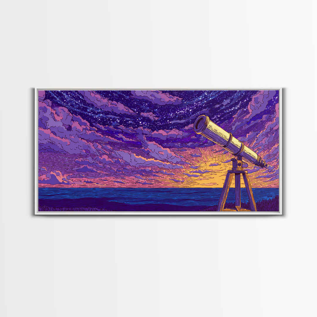 Purple Starry Telescope Ocean Wall Art, Retro Sci Fi Poster, Cosmic Mid Century Modern Decor, Space Astronomy Canvas Print