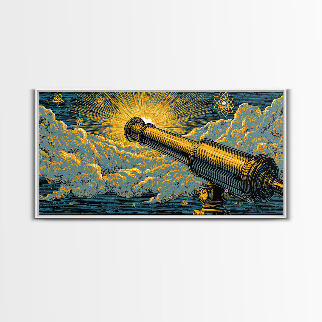Golden Telescope Atomic Clouds Wall Art, Mid Century Modern Space Decor, Retro Astronomy Poster, MCM Canvas Print For Office