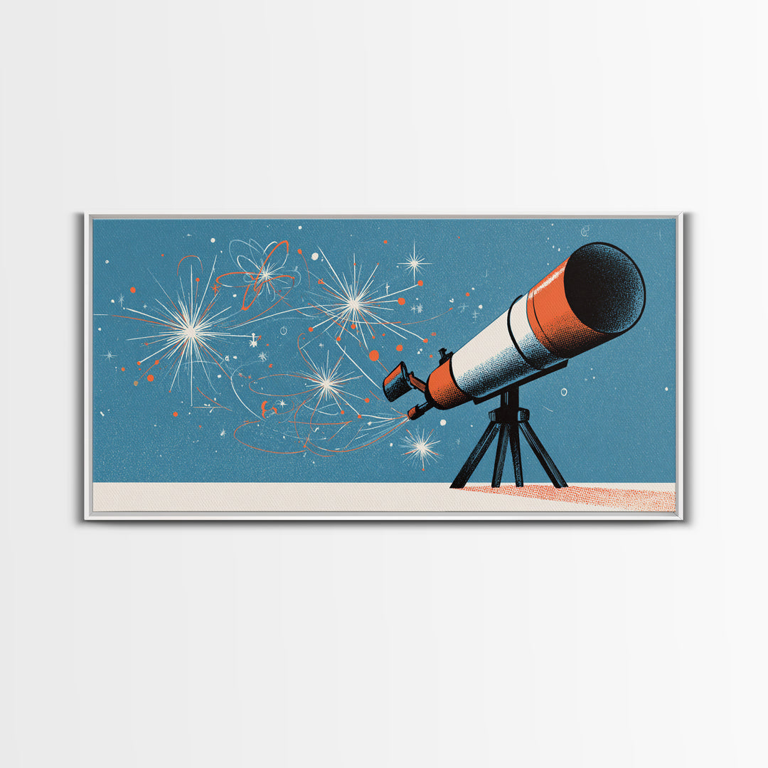 Atomic Telescope Blue Sky Canvas Print, Retro Space Wall Art, Mid Century Modern Astronomy Poster, MCM Nursery Office Decor