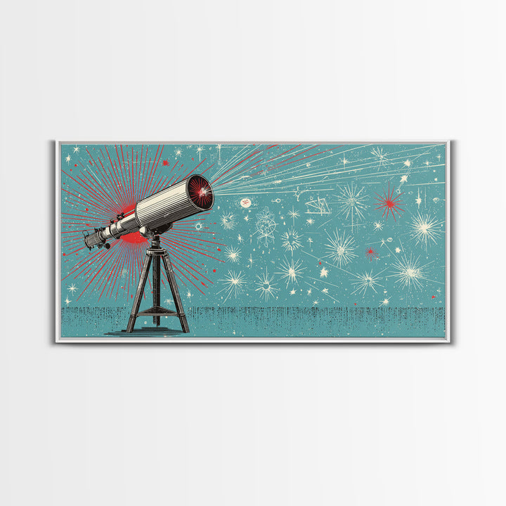 Teal Atomic Telescope Starburst Wall Art, Mid Century Modern Space Poster, Retro Sci Fi Canvas Print, Office Decor Gift Idea