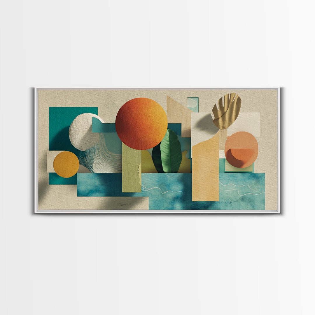Neutral Teal Orange Geometric Still Life Wall Art, Mid Century Modern Canvas Print, Botanical Shapes, Coastal Home Decor