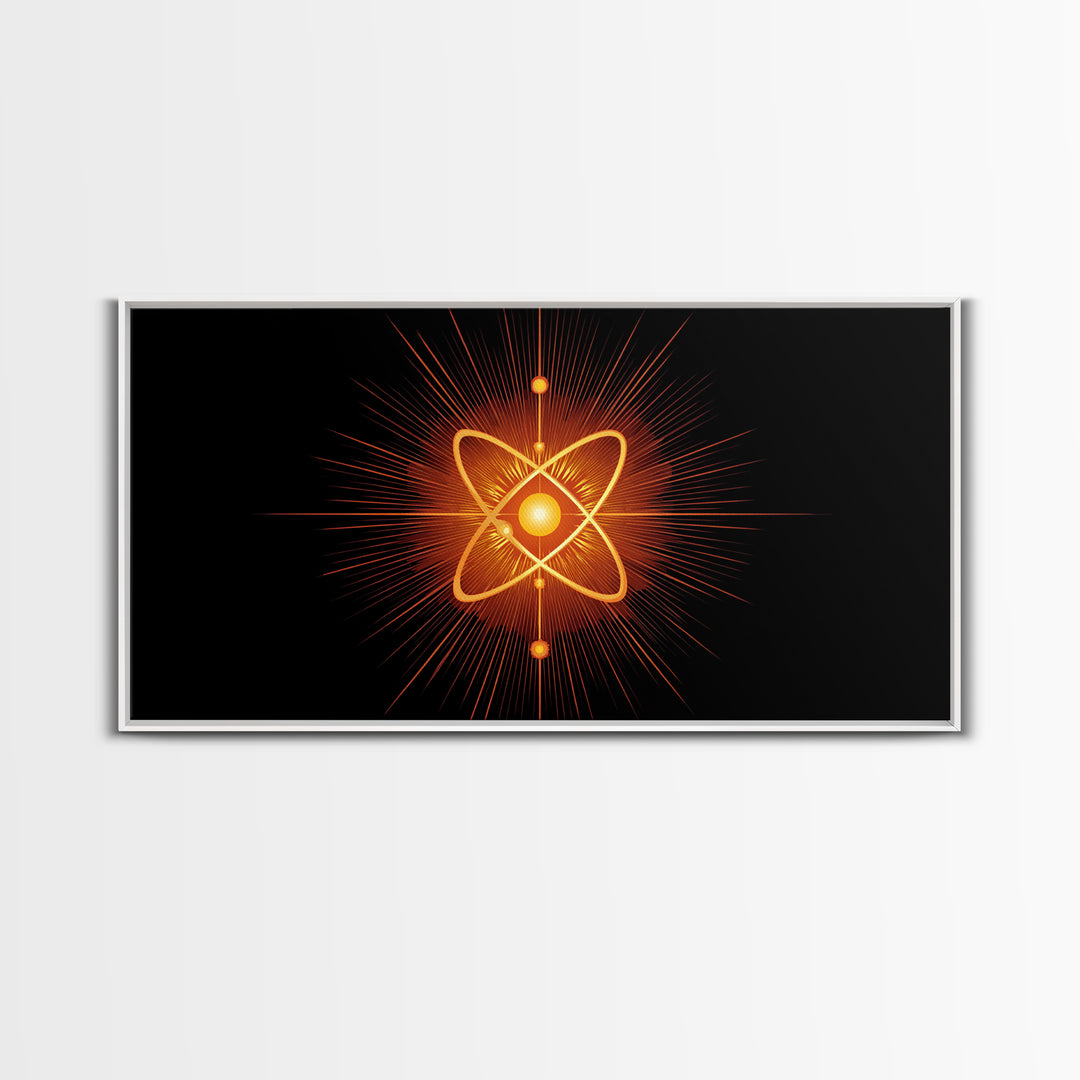 Glowing Orange Atom Wall Art, Black Space Abstract Poster, Mid Century Modern Science Decor, Atomic MCM Canvas Print Gift