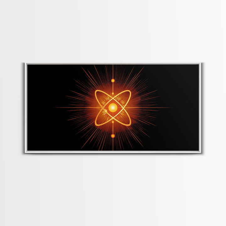 Glowing Orange Atom Wall Art, Black Space Abstract Poster, Mid Century Modern Science Decor, Atomic MCM Canvas Print Gift