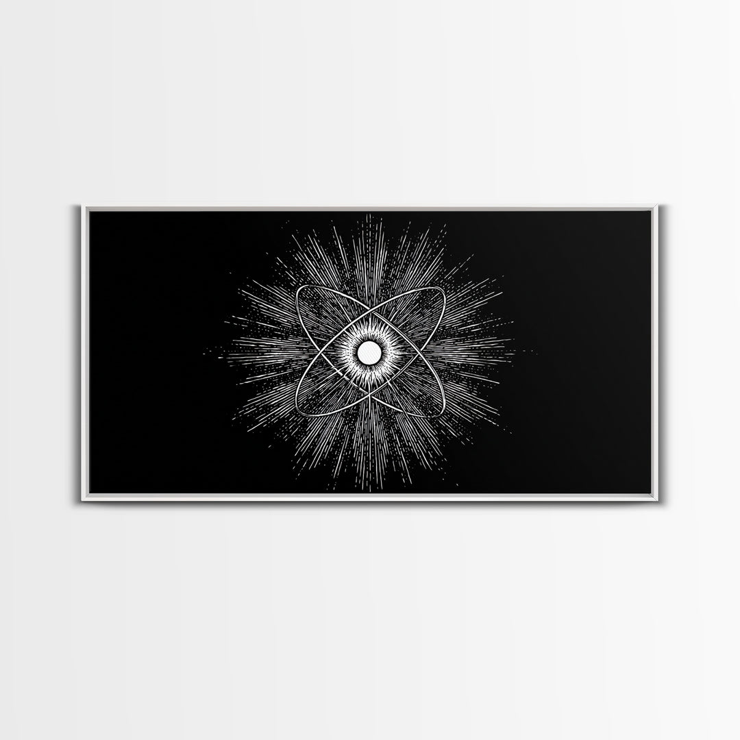 Black And White Atomic Burst Wall Art, Modern Abstract Science Poster, Mid Century Modern Decor, Monochrome Canvas Print
