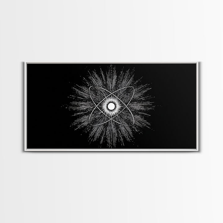 Black And White Atomic Burst Wall Art, Modern Abstract Science Poster, Mid Century Modern Decor, Monochrome Canvas Print