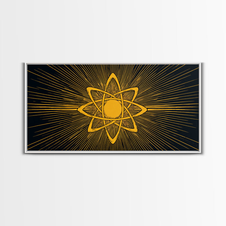 Gold Atomic Rays Canvas Print, Black Mid Century Modern Science Poster, Retro Space Wall Art, Bold Geometric MCM Decor Gift