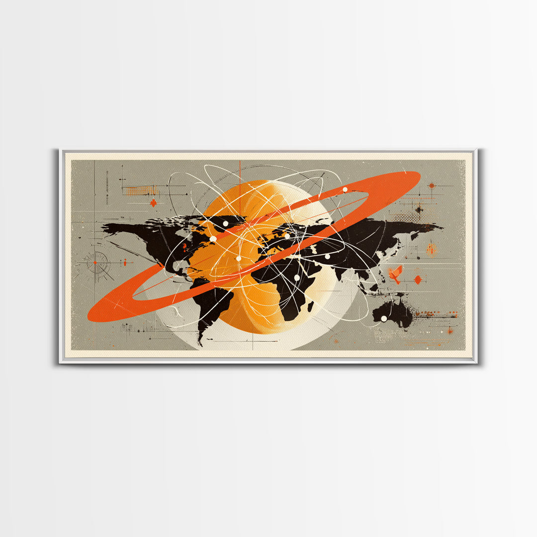 Retro Atomic World Map Wall Art, Mid Century Modern Travel Poster, Orange Black Science Decor, Geometric Canvas Print Gift