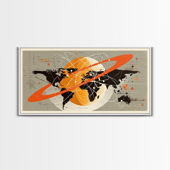 Retro Atomic World Map Wall Art, Mid Century Modern Travel Poster, Orange Black Science Decor, Geometric Canvas Print Gift