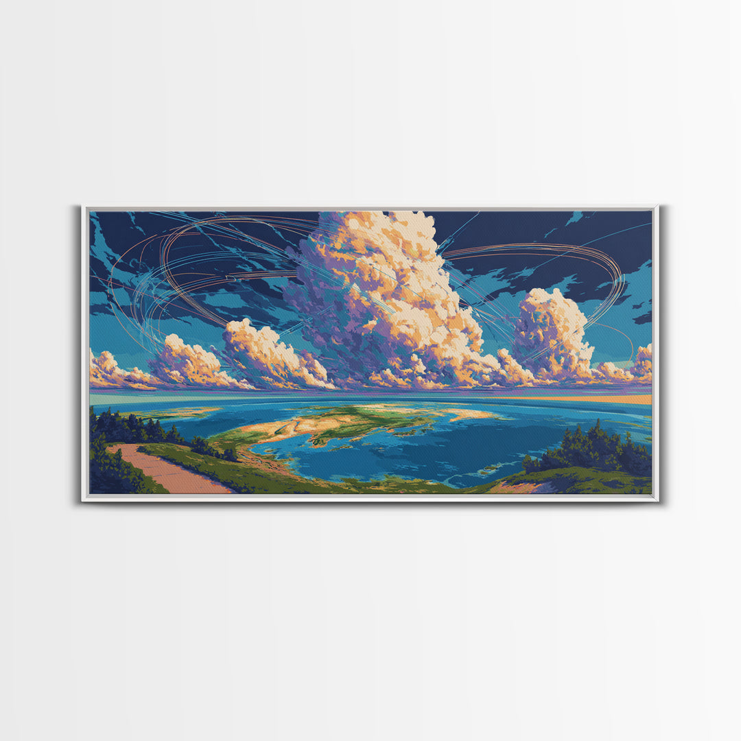 Cloudy Coastal Lagoon Wall Art, Modern Landscape Canvas Print, Blue Tropical Travel Poster, Scenic Lake House Decor Gift