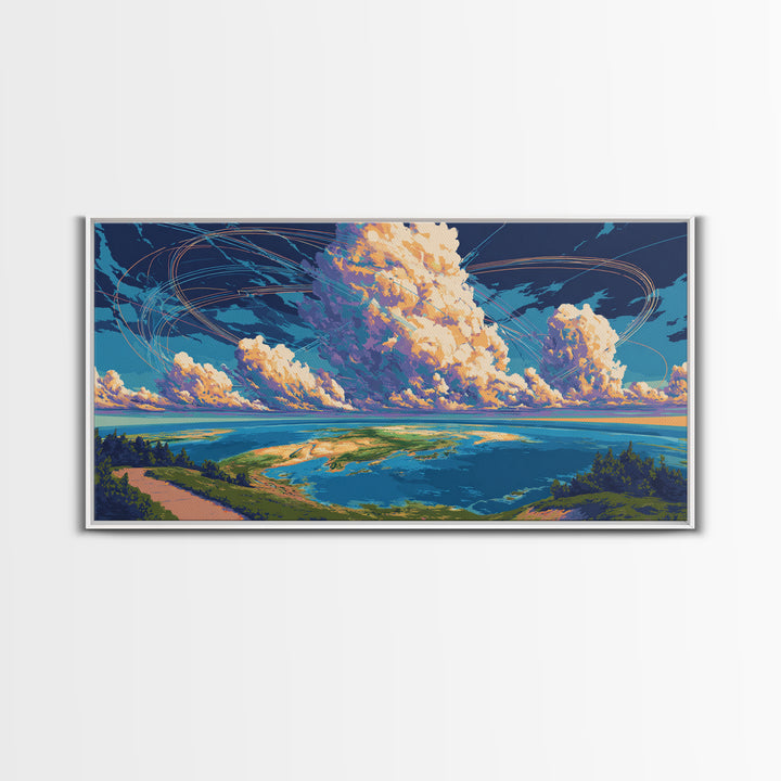 Cloudy Coastal Lagoon Wall Art, Modern Landscape Canvas Print, Blue Tropical Travel Poster, Scenic Lake House Decor Gift