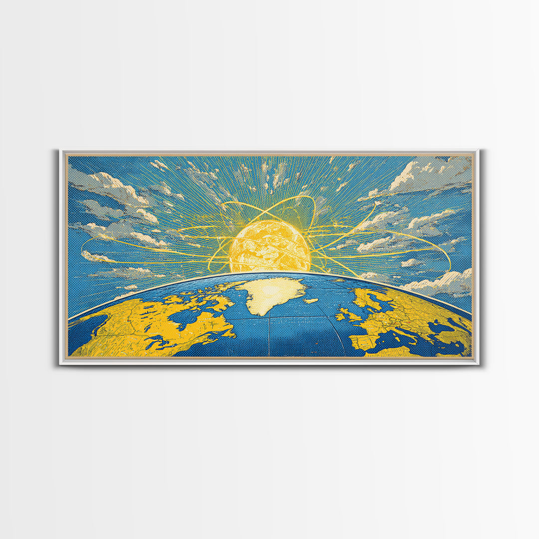 Atomic Earth Sunrise Wall Art, Blue Yellow Retro Science Poster, Mid Century Modern Space Decor, Celestial Canvas Print Gift