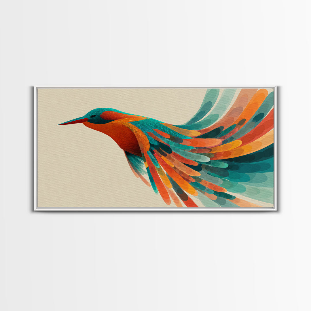 Colorful Hummingbird In Flight Canvas Print, Midcentury Modern Bird Art, Tropical Nature Decor, Vibrant Living Room Wall Art