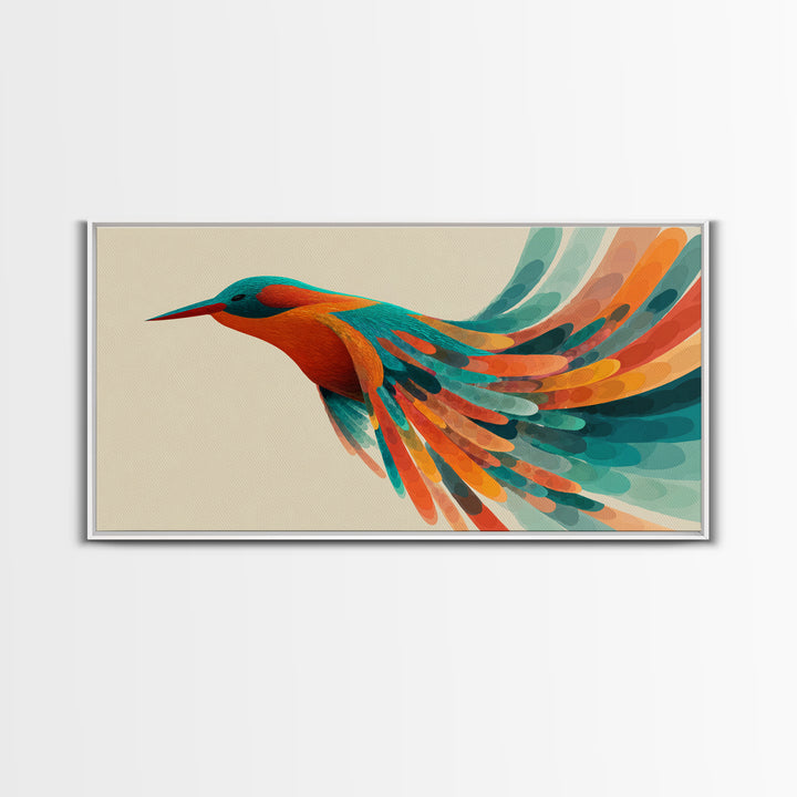 Colorful Hummingbird In Flight Canvas Print, Midcentury Modern Bird Art, Tropical Nature Decor, Vibrant Living Room Wall Art