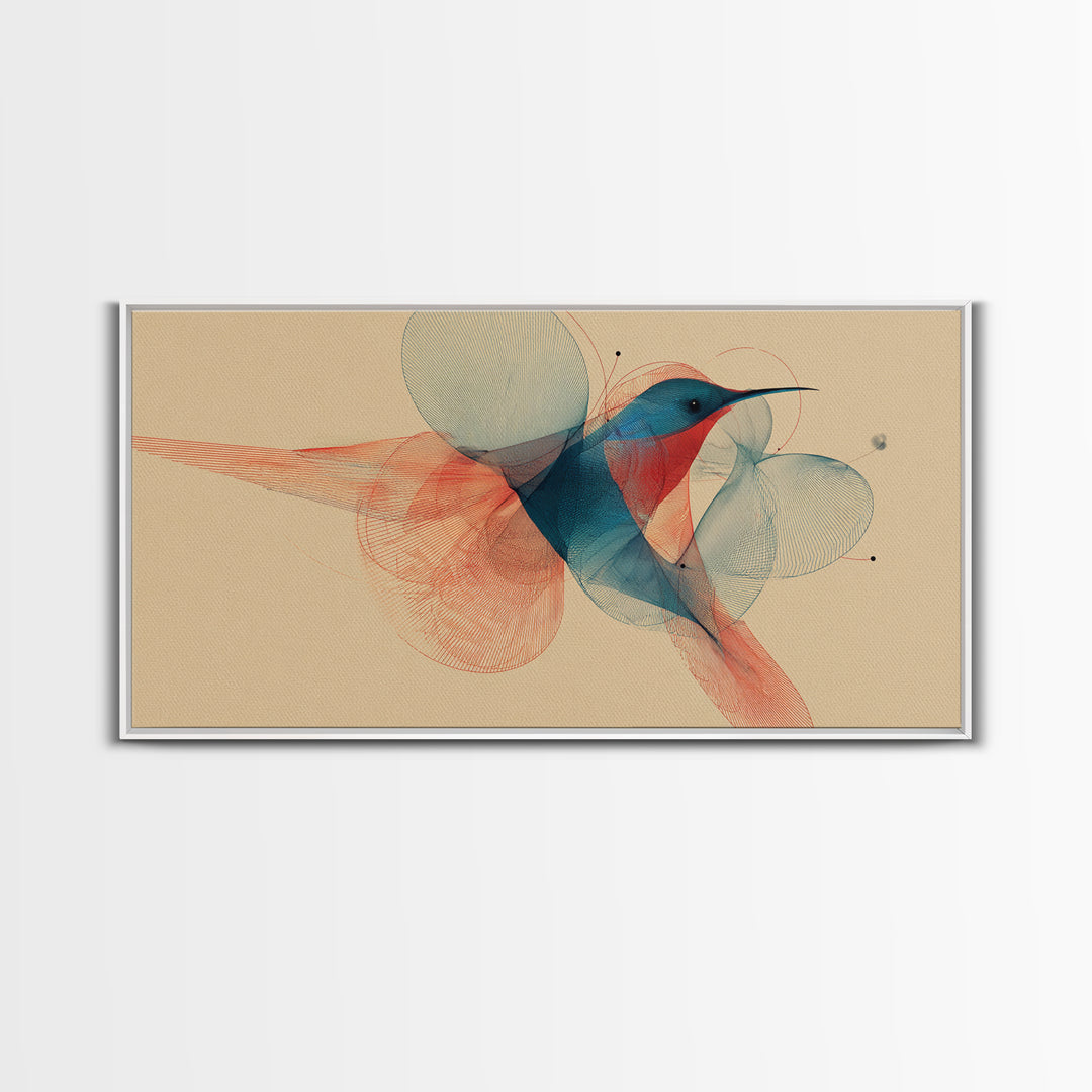 Abstract Hummingbird With Circle Forms Wall Art, Midcentury Modern Bird Print, Geometric Nature Decor, Teal Coral Art Print
