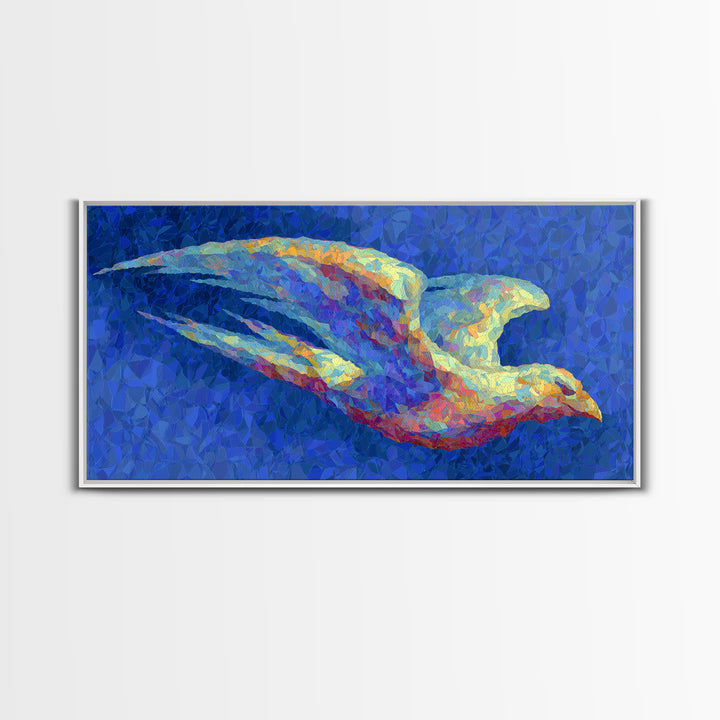 Blue Mosaic Bird In Flight Framed Canvas Print, Modern Abstract Wildlife Art, Colorful Nature Decor, Bold Living Room Wall Art