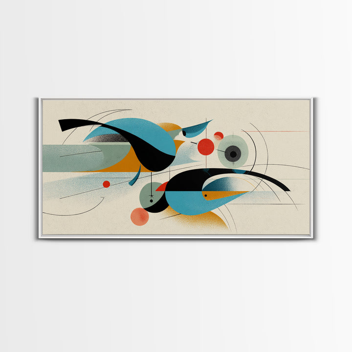 Geometric Abstract Birds Wall Art, Midcentury Modern Shapes Print, Bauhaus Inspired Decor, Teal Orange Living Room Art Print
